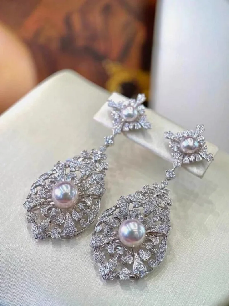 

gorgeous pair of 5-6mm south sea round white pearl dangle earring 925s