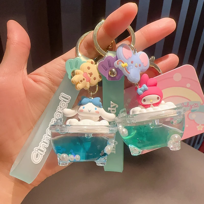 Sanrio llavero de botella de deriva de arena movediza de bañera de burbujas, bolsa linda, llavero colgante pequeño, accesorios