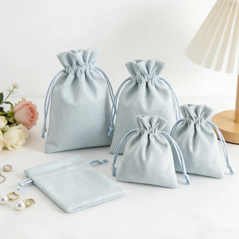 

5Pcs Flannel Jewelry Pouches Multiple Sizes Light Blue Velvet Drawstring Earrings Packaging Organizer Gift Bag for Wedding Bulk