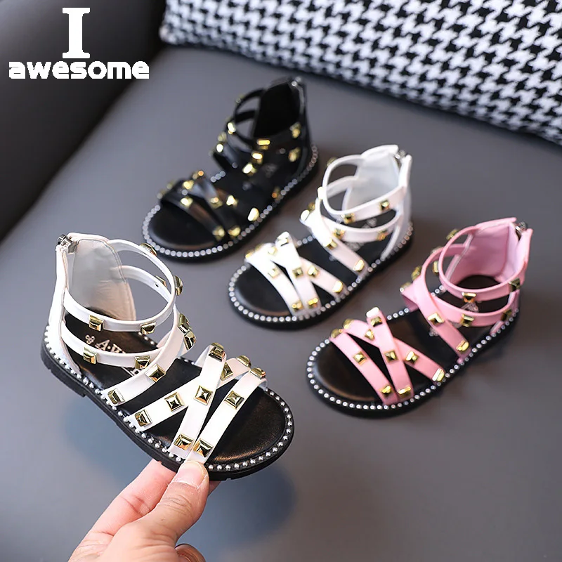 

Girls Sandals 2022 Summer Children Gladiator Roman Sandals Rivets Classic Kids Beach Shoes Zipper Soft Leather Comfortable 21-30