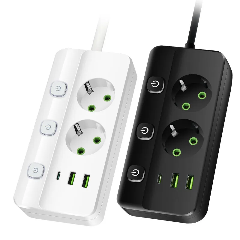 EU Plug 2500W Power Strip with 3 USB Ports 2M Extension Cord Multiprise 2 AC Outlet Electrical Socket Electrical Charge Adapter