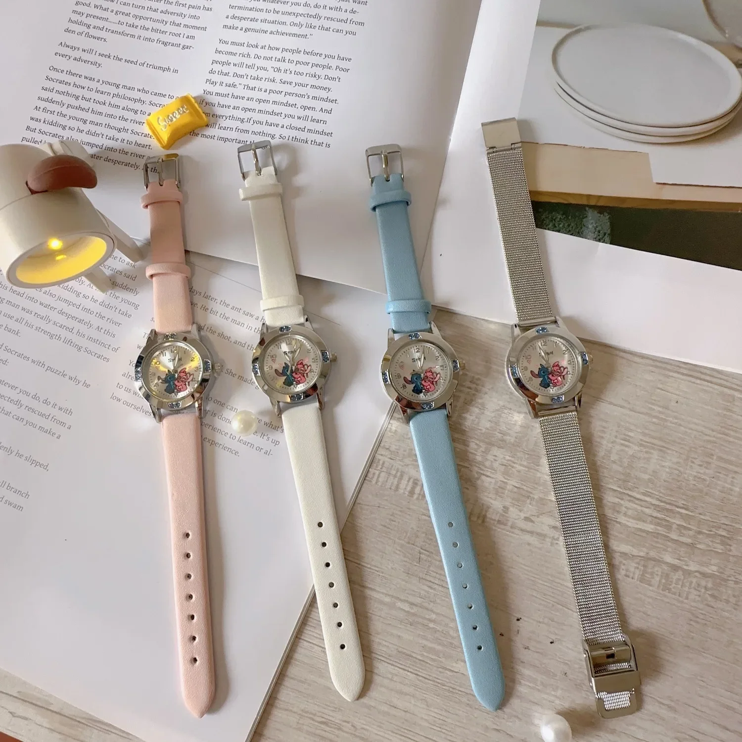 Disney Stitch Girl's Watches Diamond Quartz Watch for Women Stich Cartoon Leather Wristwatches Fashion Steel Belt Watch Gift