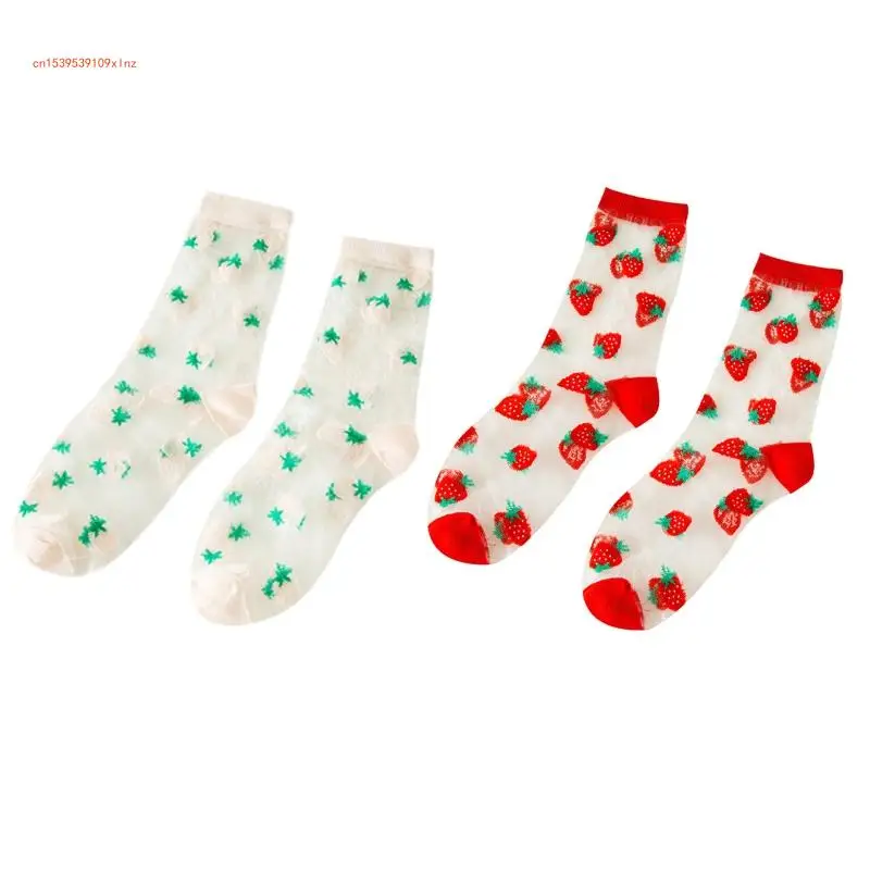 

Women Girls Spring Summer Breathable Mesh Socks Harajuku Sweet Strawberry Fruit Print Glass Fiber Silky Transparent