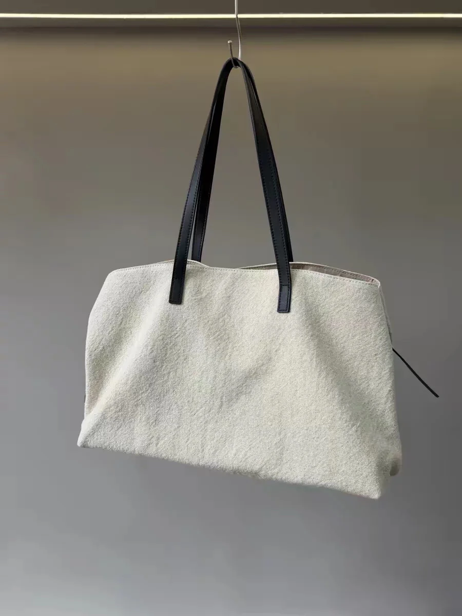 Top Layer Soft Leather Patchwork Linen Canvas Hobo Underarm Bag Large Capacity Multi-layer Tote Bag Single Shoulder Big Bag W...