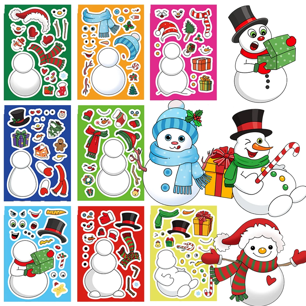 

8/16sheets Creative Christmas Snowman Puzzle Stickers Make Your Own DIY Game Cartoon Decoration Sticker Cute Assemble Jigsaw Toy