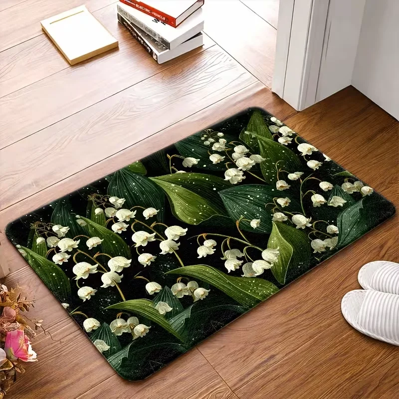 Vintage Lily Of The Valley Floral Doormat Dark Background Golden Ornament Border Print Non Slip Floor Mat For Entryway
