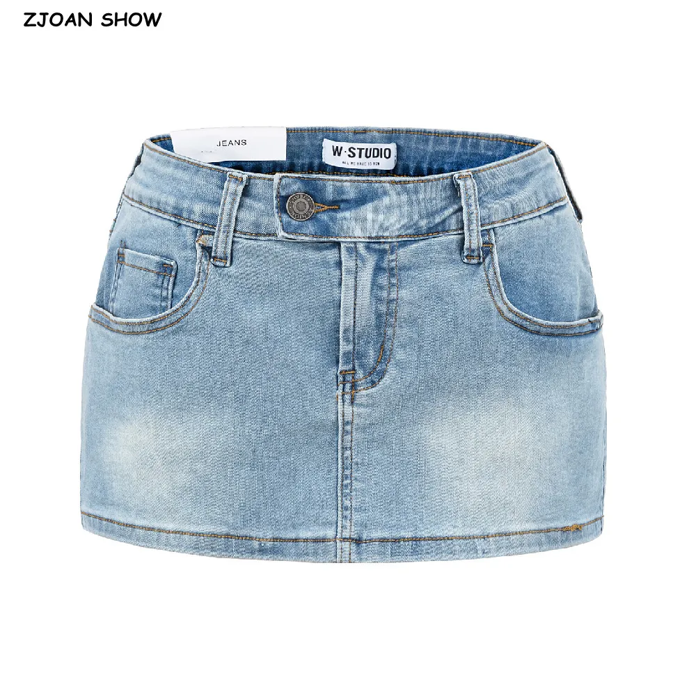 

4 colors American Retro Low Waist Mini Denim Skirt Sexy Women Short Skater Skirts With Shorts lining light Blue