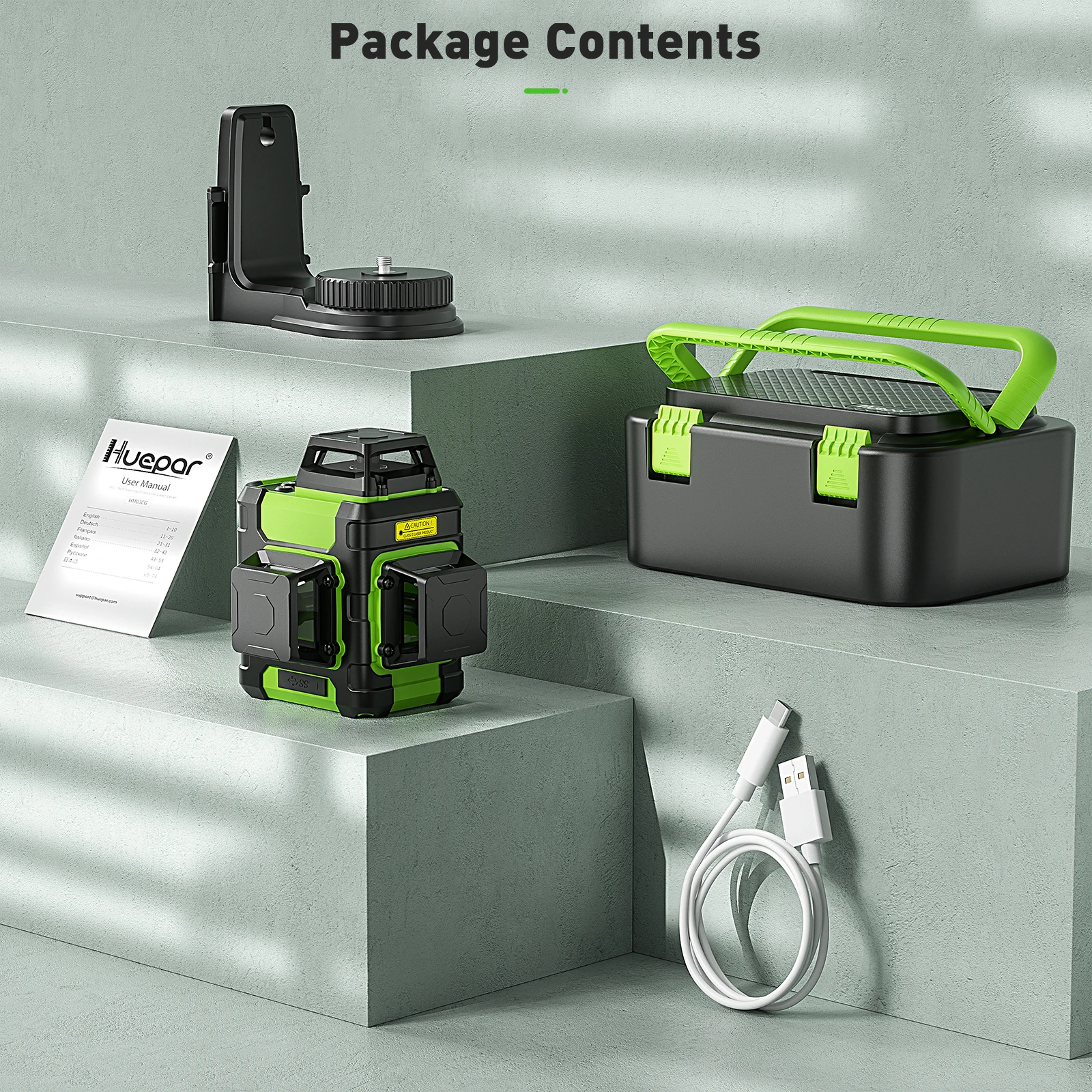 Imagem -06 - Huepar-nível Auto-nivelador Green Beam Laser 12 Linhas Linha Cruzada Ferramentas de Nível Modo Pulso Carry Case Rígido 3x360 °
