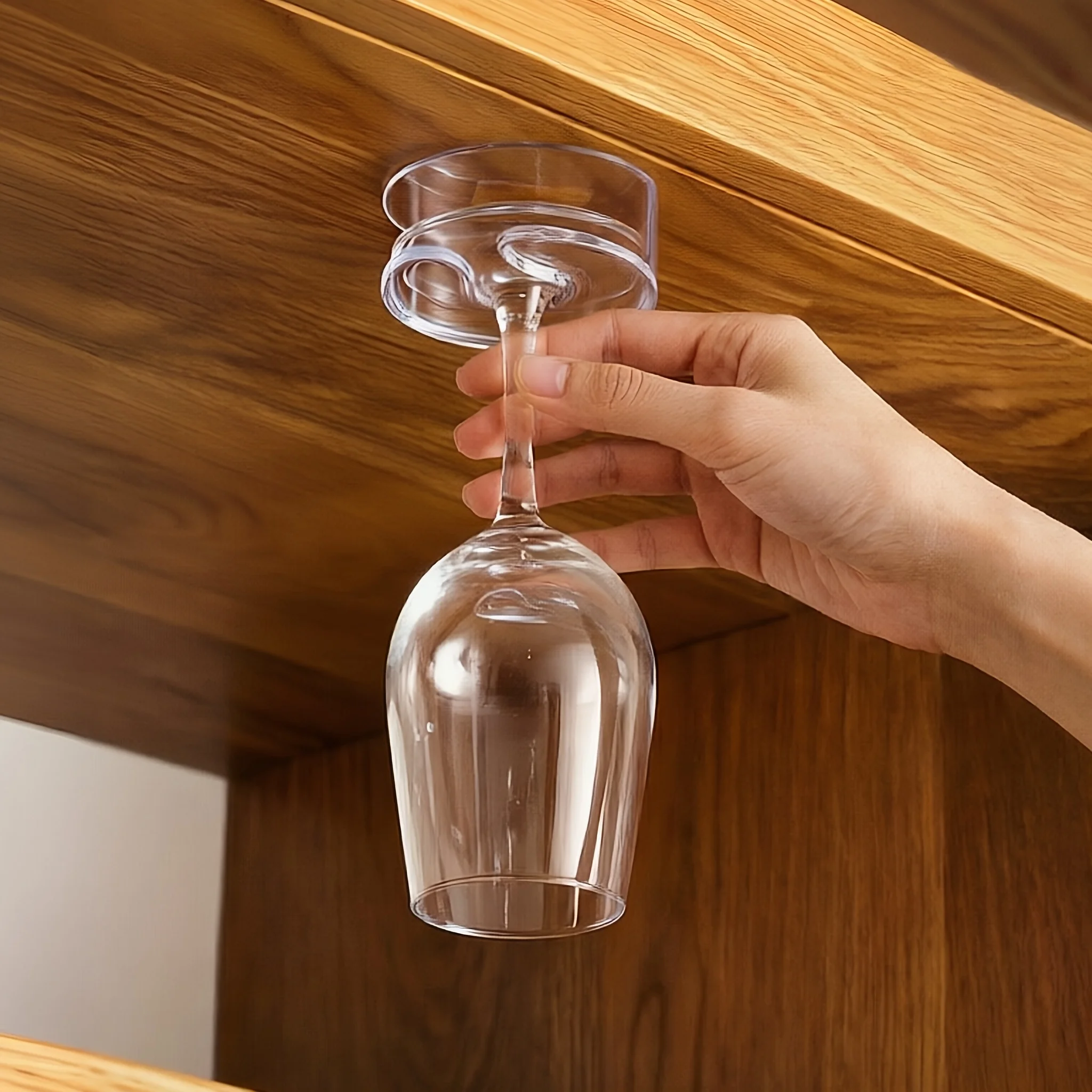 1pc Clear Under-Cabinet Hanging Wine Glass Rack, Drill-Free No-Screw Upside-Down Goblet Storage Organizer