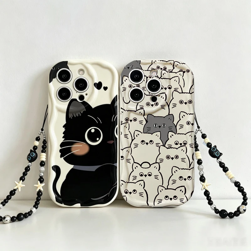 Black Cat Lanyard Chain Case For Samsung Galaxy S26 S25 Ultra A56 A55 5G A57 A37 A15 A54 A16 A17 A07 A27 A26 A36 A06 S24 Plus FE
