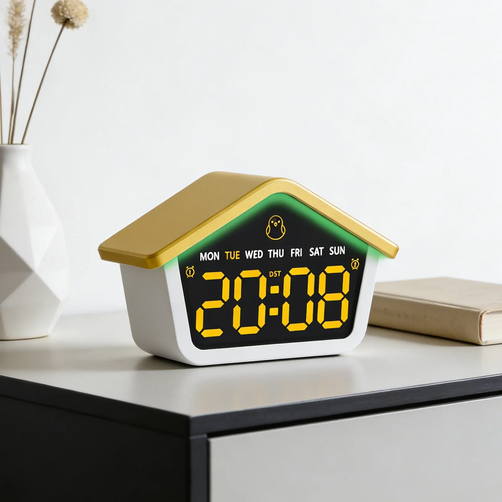 LED Digital Alarm Clock House Shaped Week Date Brightness Adjustment 2 Alarms Silent DST Snooze Table Clock with Ambient Light