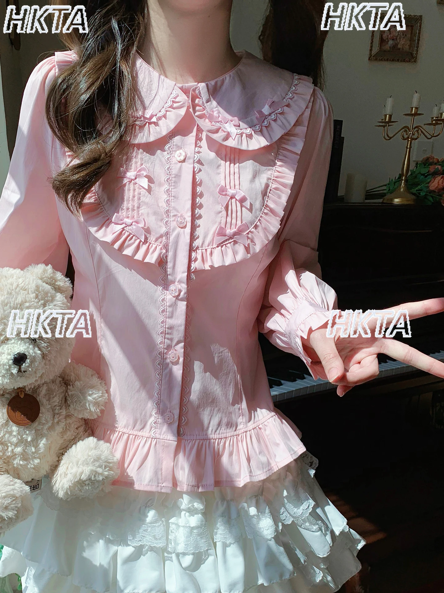 

Рубашки Kawaii Lolita для женщин, однотонная осенняя рубашка принцессы с длинным рукавом, милая и милая белая блузка с кукольным воротником в стиле Лолиты с бантом