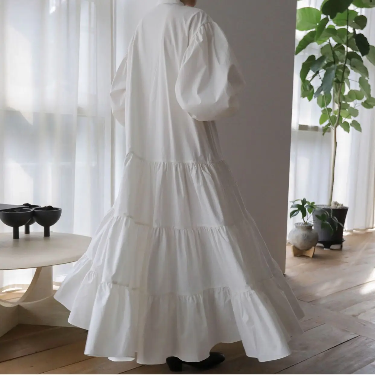 REALEFT New 2024 Vintage White Women\'s Long Dresses Spring Long Puff Sleeve Stand Collar Korean Casual Female Dresses