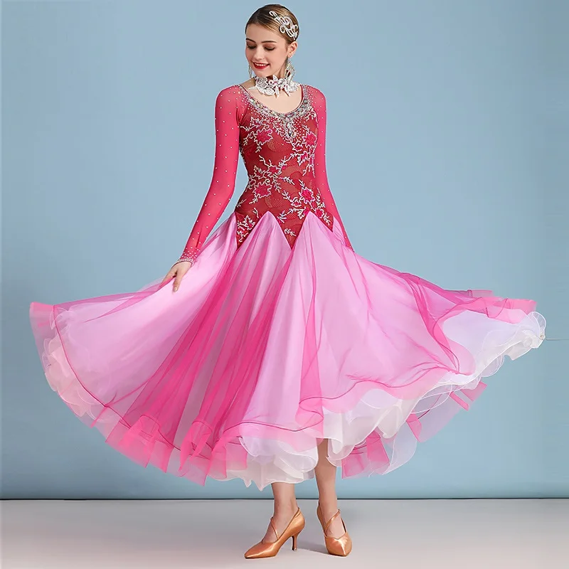 

X6010 Lady Modern Dance Dress with Diamond-encrusted Costume Girls Ballroom Dancing Costume Competition Dress Waltz Costumes