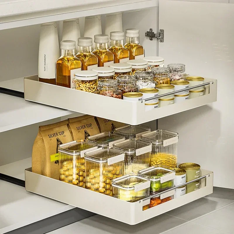 Heavy-Duty Slide-Out Pantry Organizer Damping Guide Sliding Drawer Multi-Layer Spice Storage Shelf Adjustable Kitchen Rack