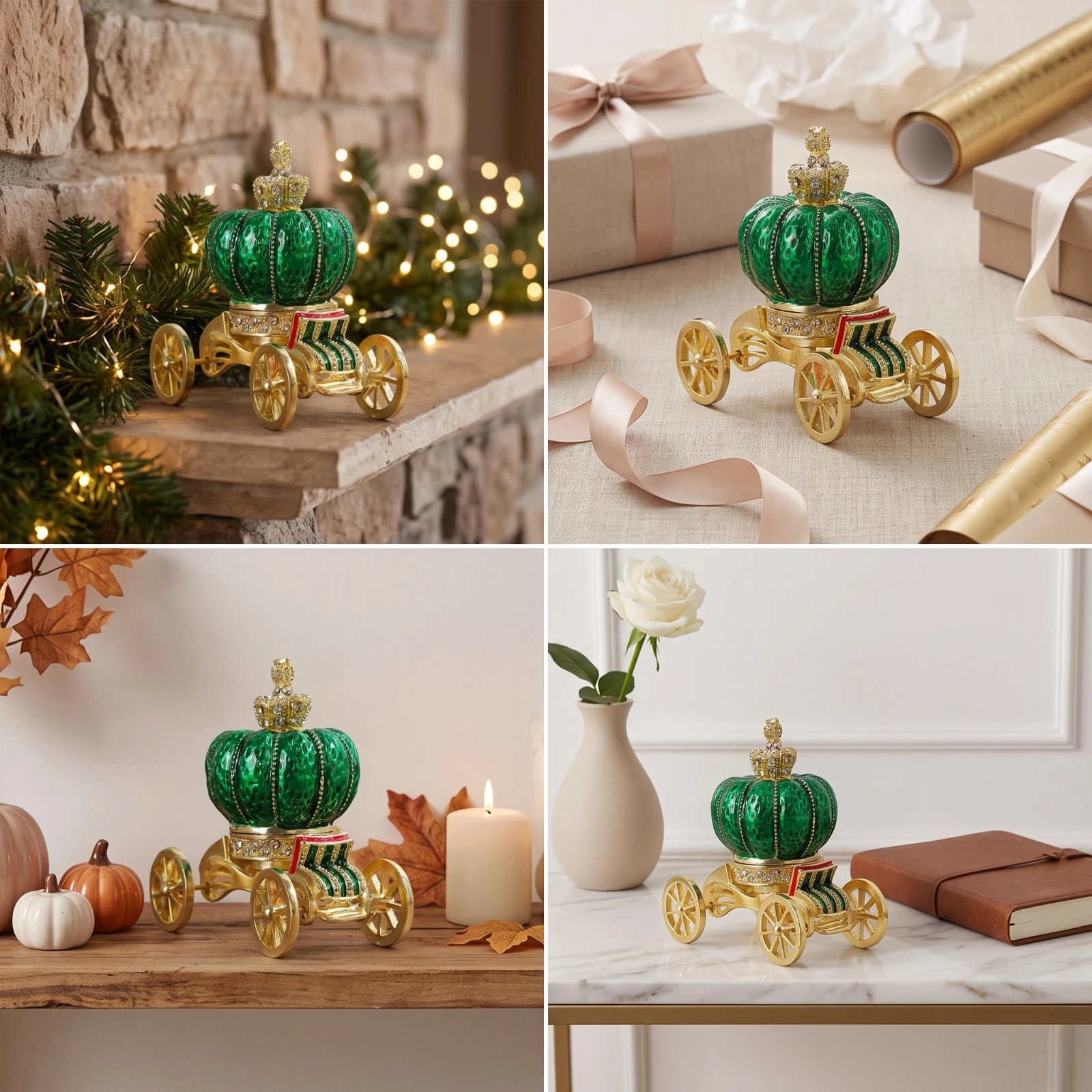 Pumpkin Carriage Trinket Box Whimsical Carriage Jewelry Box Enamel-Style Gold-Tone for Collectors, Vanity, Dresser