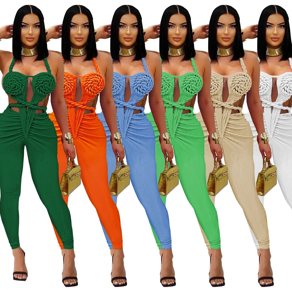 Fashion Women Casual Sexy Halter Neck Ribbed Ruched Backless Leggings Jumpsuit 2025 Summer One Piece Club Wear Party Outfits