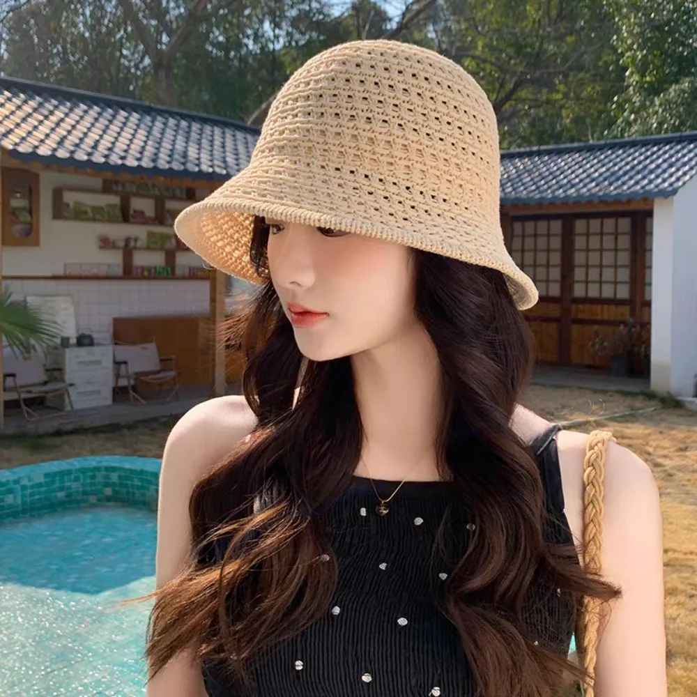 Hollow Knitted Fisherman Hat Women Summer Breathable Handmade Out Knit Dome Wide Brim Foldable Beach Caps Girls Outdoor Sun Hat