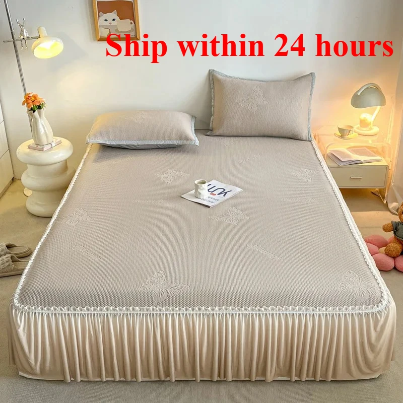 

2025 Four Seasons Universal Summer Bed Skirt Ice Silk Bedspread Three-piece Set Washable Solid Color Lace Bed Skirt Mat