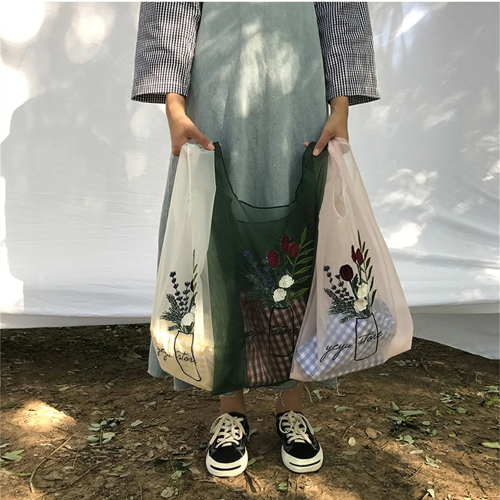 Women Transparent Tote Bag Fashion Organza Makeup Bag Flower Daisy Embroidery Handbags Casual Mesh Shopping Bags Eco Organizer