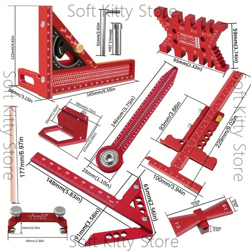 Woodworking measuring tool kit with storage box 10-piece set Project planning layout Plank splicing auxiliary kit