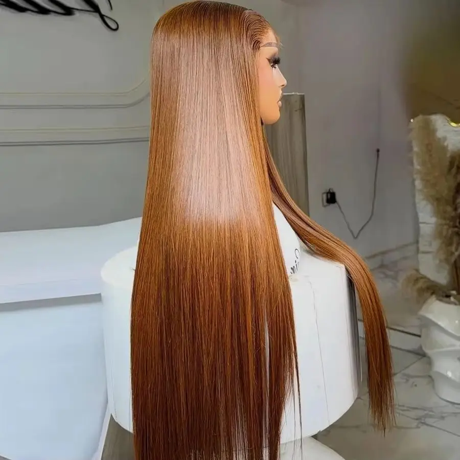 Straight Ginger Brown HD 13x4 Synthetic Lace Front Wig M Shaped Logos Hairline Glueless Wear And Go Pre Plucked For Women Daily