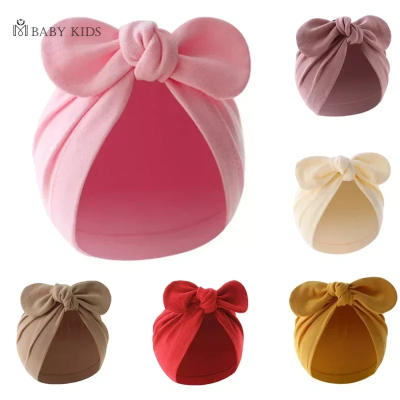 Newborn Hat for Girls Boys Beanie Cute Bows Turban Hats Cotton Infant Bonnet Solid Color Toddler Cap Baby Accessories 0-24M