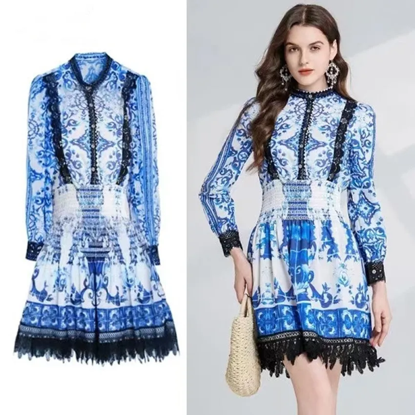 Blau und weiß Porzellan Frauen Mode Vintage Boho Frühling Herbst Baumwolle Spitze Patchwork Hollo aus lässigen Party kleider