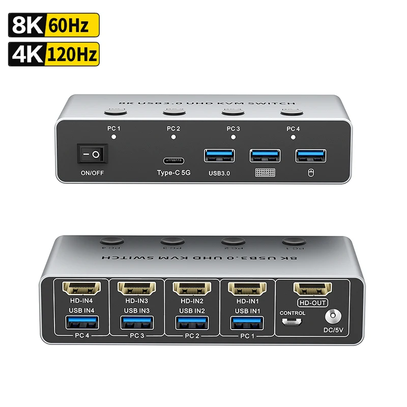 8K при 60 Гц HDMI KVM-переключатель 4 компьютера 4K при 120 Гц 4-портовый HDMI USB 3.0 KVM-переключатель 4x1 для 4 ПК Монитор Share Клавиатура Мышь Принтер