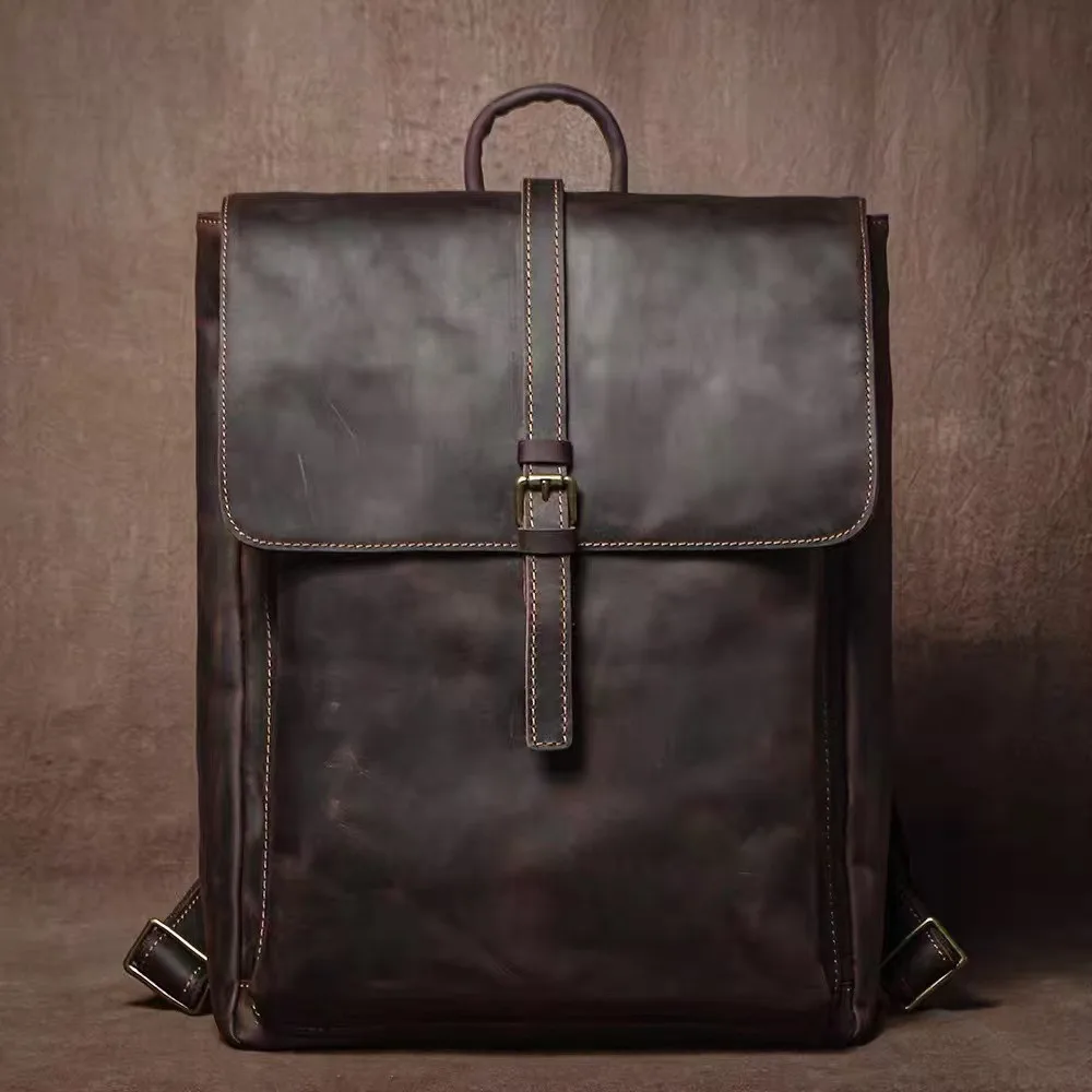 Crazy Horse Leather Men's Retro Backpack First Layer Cowhide Large Capacity Casual Business Backpack