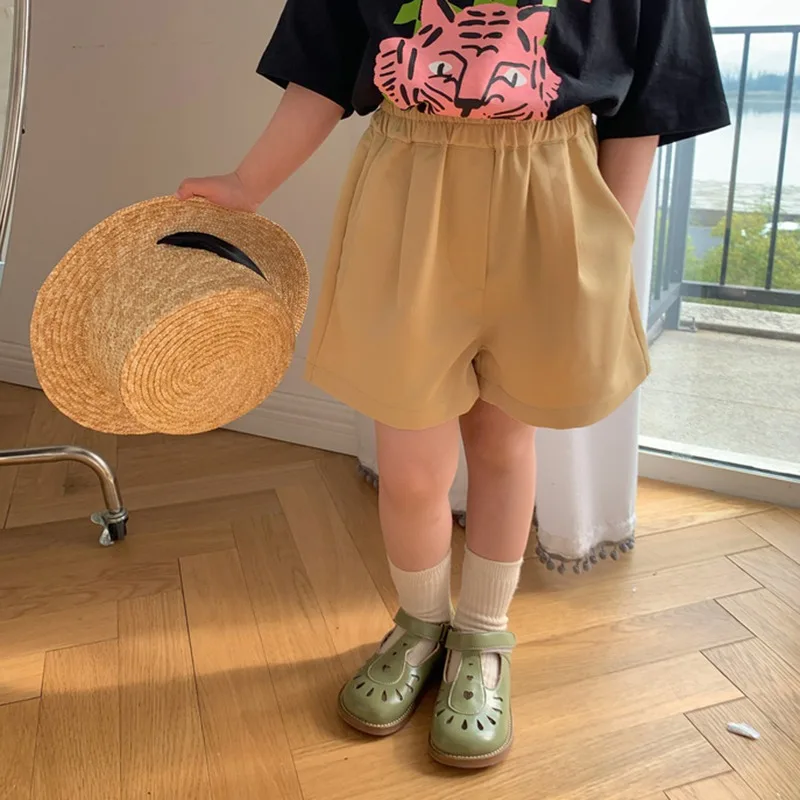 

Summer Kids Girls Shorts Elastic Waist Cotton Short Pants Solid Color Wide Leg Toddler Girl Casual Beach Outfit Shorts 3-8T