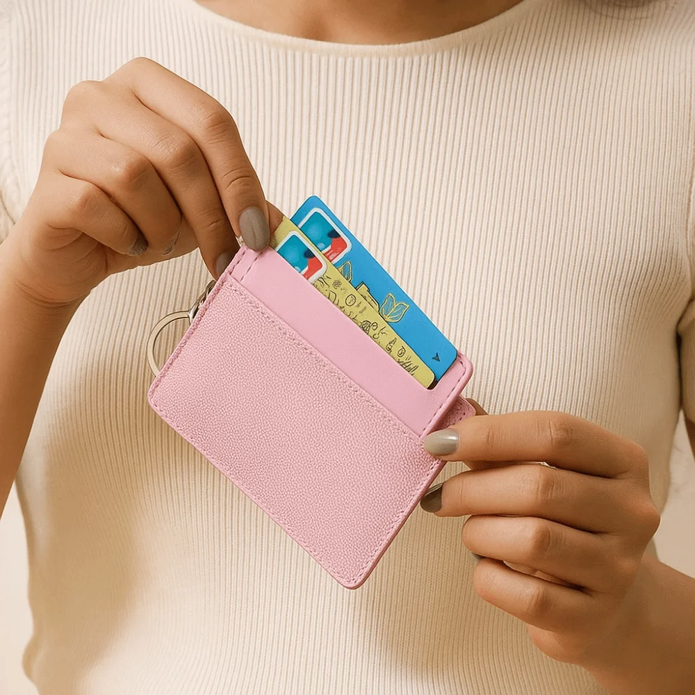

Fashion with Keychain Women's Short Wallet Pu Leather Zipper Closure PU Card Holder Thin Solid Color Coin Purse Travel