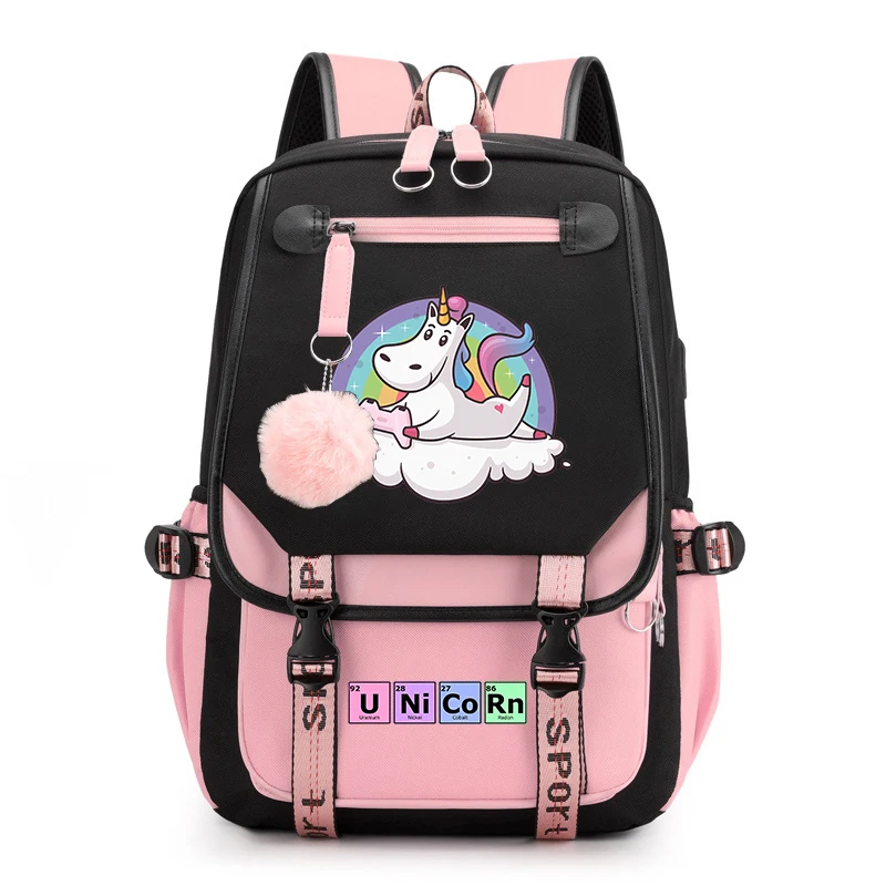 Unicorn Print Backpack para meninas, Campus Student School Bag, USB Travel Bag, Kids Gift