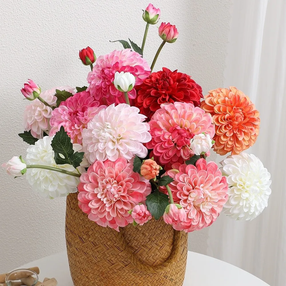 New Silk Artificial Dahlia Flowers 2 Heads Decorative Faux Dahlia Floral Pink Floral Chrysanthemum Fake Flower Home Decoration