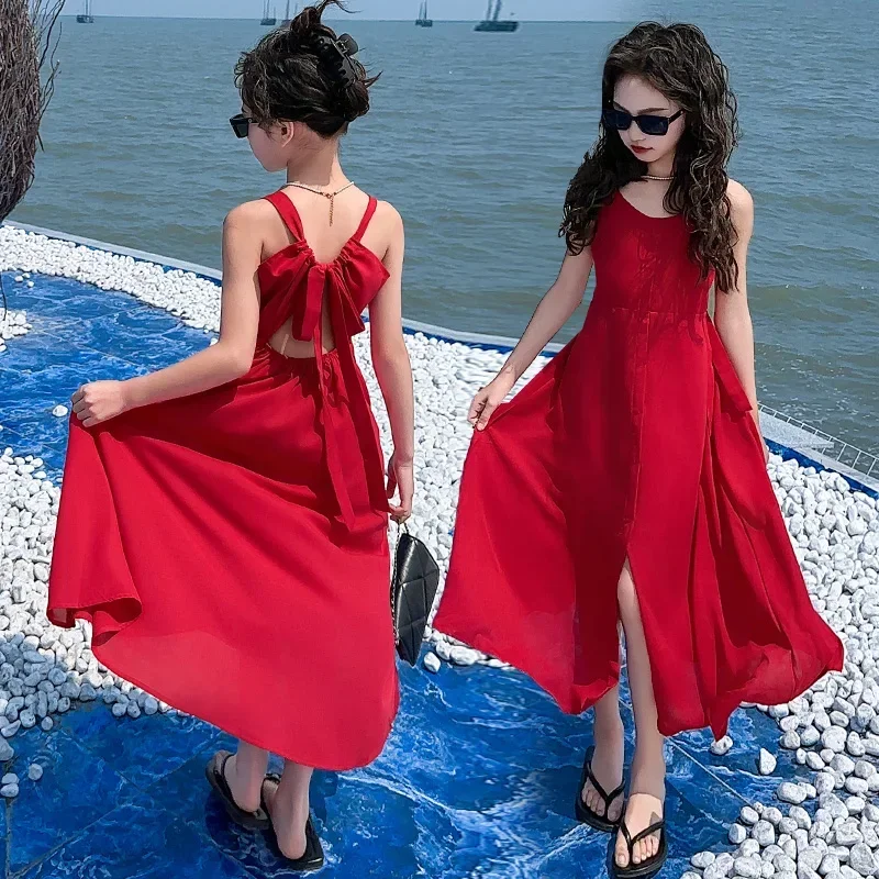 

New vacation style junior girls long vest dress teenage kids Red hollow back strap sleeveless formal maxi dresses child clothes