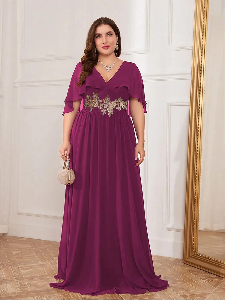 Plus Size V-Neck 4xl 5xl Luxury Chiffon Short-Sleeved Bridesmaid Wedding Evening Dress Big Size Multi-Color Chiffon Prom Gown