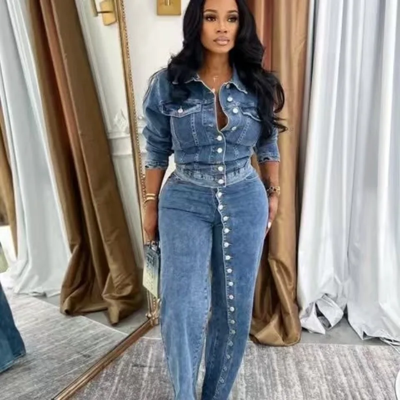 

Spring Autumn Suit Women's Outfit Denim Jacket Jeans Wide-Leg Pants 2 Piece Sets Sexy Full-Button Front Washed Streetwear Trend