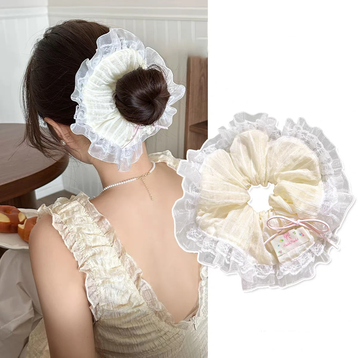 

1 Pcs Ladies' Hair Scrunchies Sweet New Lace Korean Polka Dot Plaid Kawaii Elastic Hair Bands Cute Versatile Hair Accessories