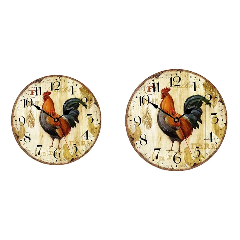 ABYN-Kitchen Wall Clock Rustic Rooster Silent Non Ticking Wall Clock Quartz Battery Operated Round Wall Clock