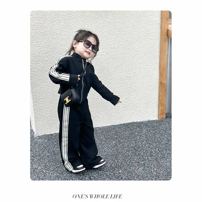 Girl\'s Autumn Sets Children\'s Striped Top Trousers 2Pcs Baby Round Neck Zip Suit Baby Spring Sports Outfit Kids Casual Clothes