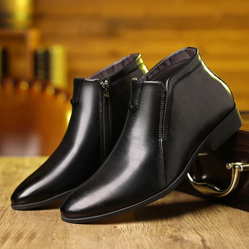 Men's Boots Luxury Leather Boots Fashion Motorcycle Boot Classic Side Zip Ankle Boots Men's Business Dress Booties Botas Hombre