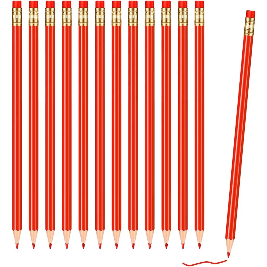 

12 шт. Очки для проверки, стираемые цветные карандаши, предварительно заточенные 2 HB со стираемыми крышками для проверки красного цвета