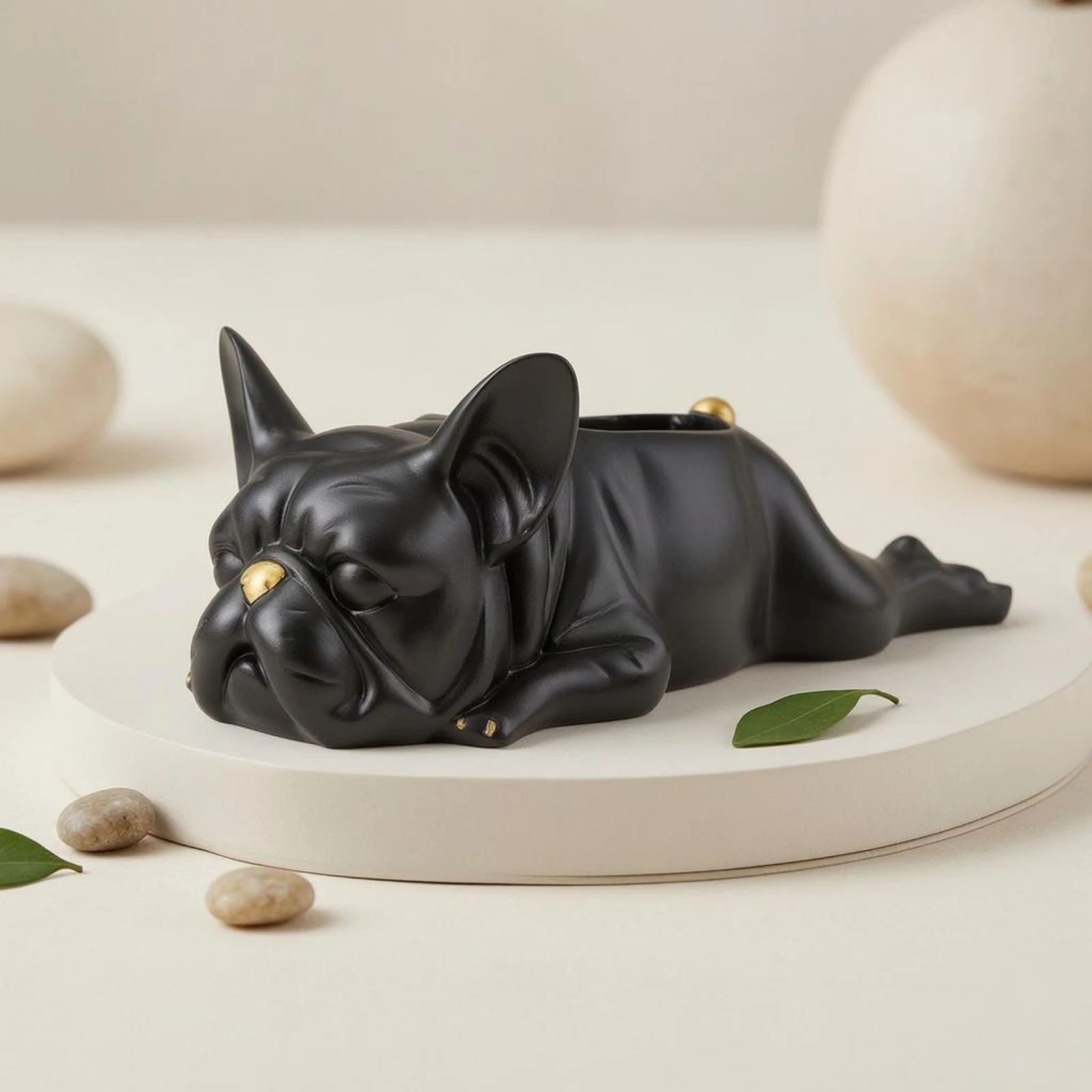 Reclining Bulldog Statue Resin French Bulldog Figurine Desktop Dog Decor Sculpted Details Creature Container Collectible
