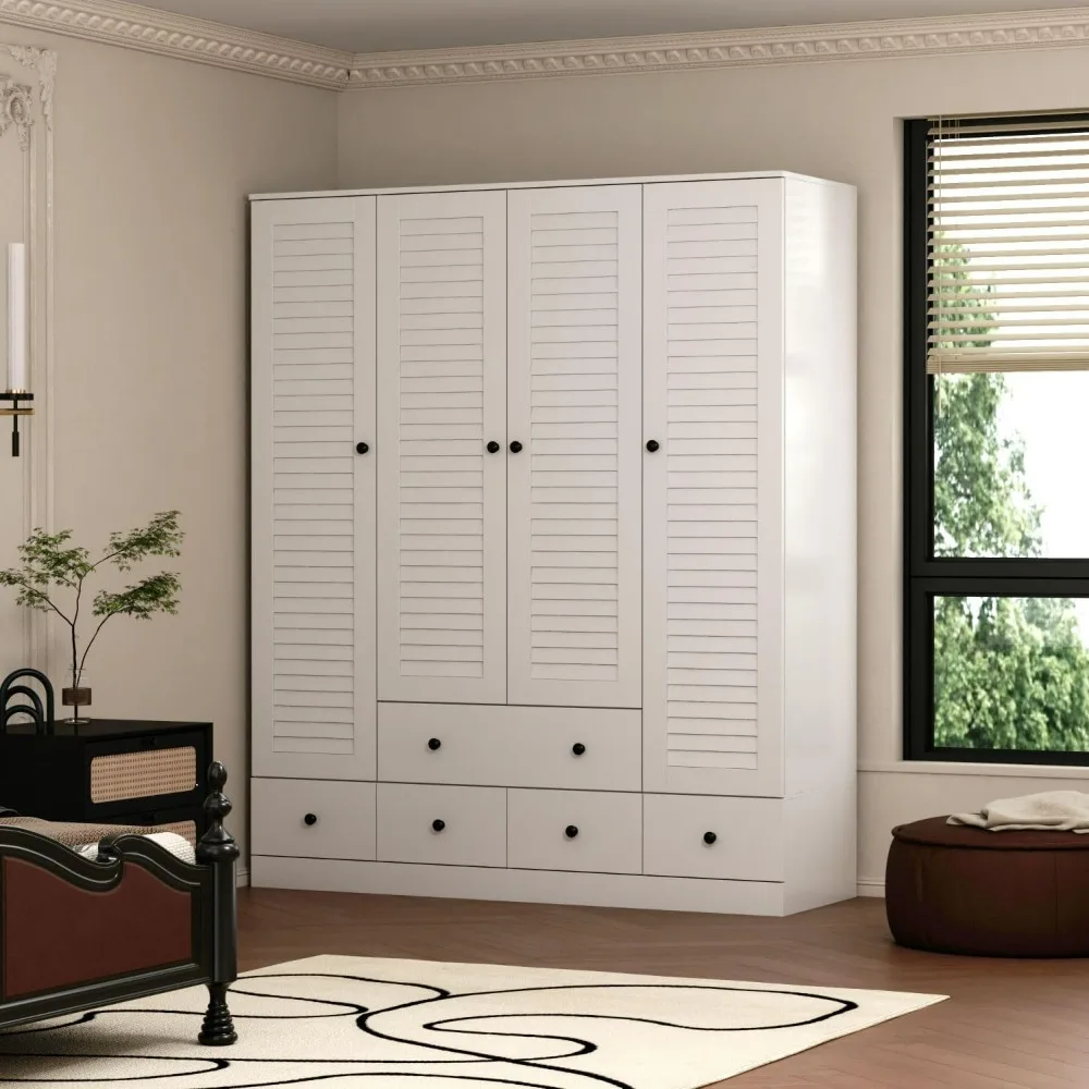 

4 Shutter Door Wardrobe Armoire Closet with Shelves and Drawers, Armoire Wardrobe Closet with 2 Hanging Rods for Bedroom White