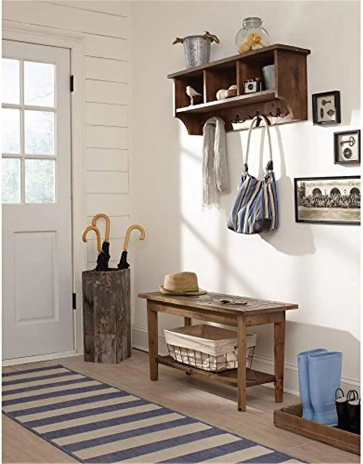 

Renew Reclaimed Wood Bench with Open Shelf and Coat Hook with 4 Cubbies Set, Natural