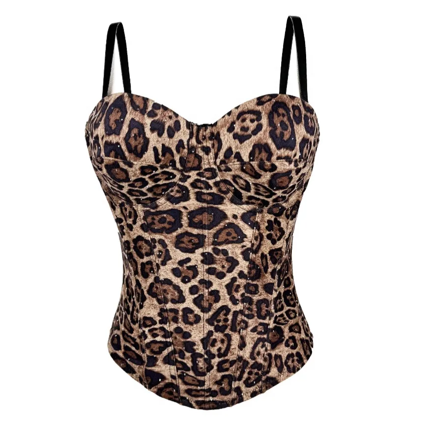 

Sexy Leopard Print Hot Fixed Stones Lady Corset Animal Print Bustier Party Tank Top Nightclub Camisole Girl Events Crop Top