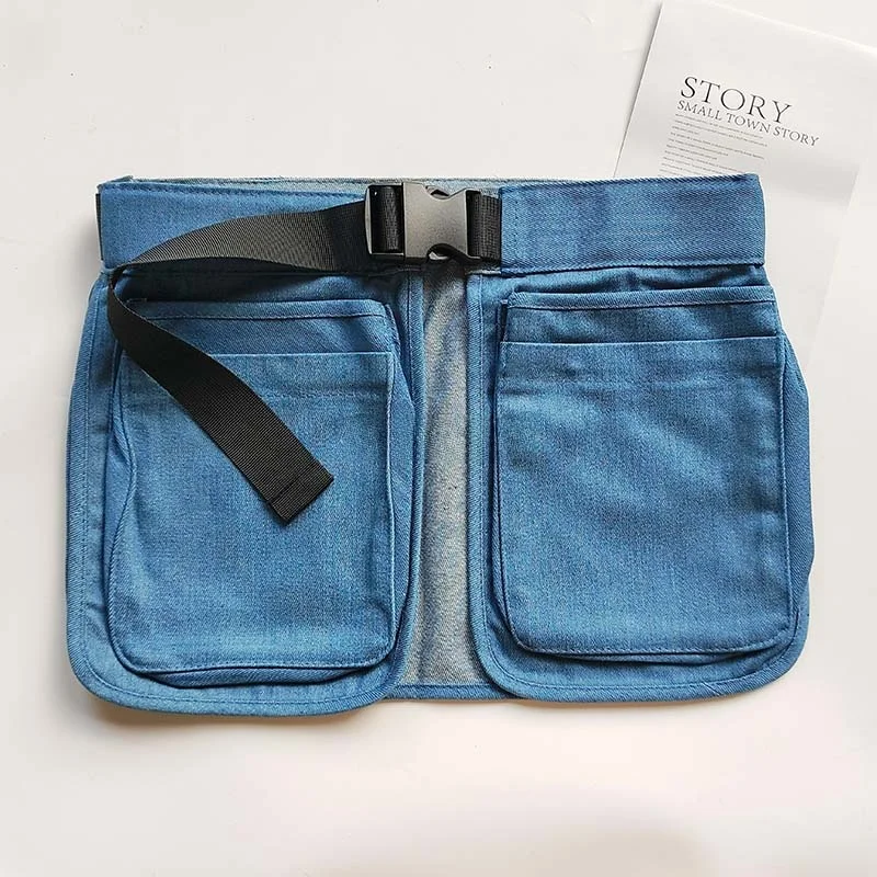 Cool Denim Multi-Pocket Practical Fanny Pack Outdoor Cycling Travel Lightweight Close-Fitting Waist Vest Skirt Bag Zipper Bag