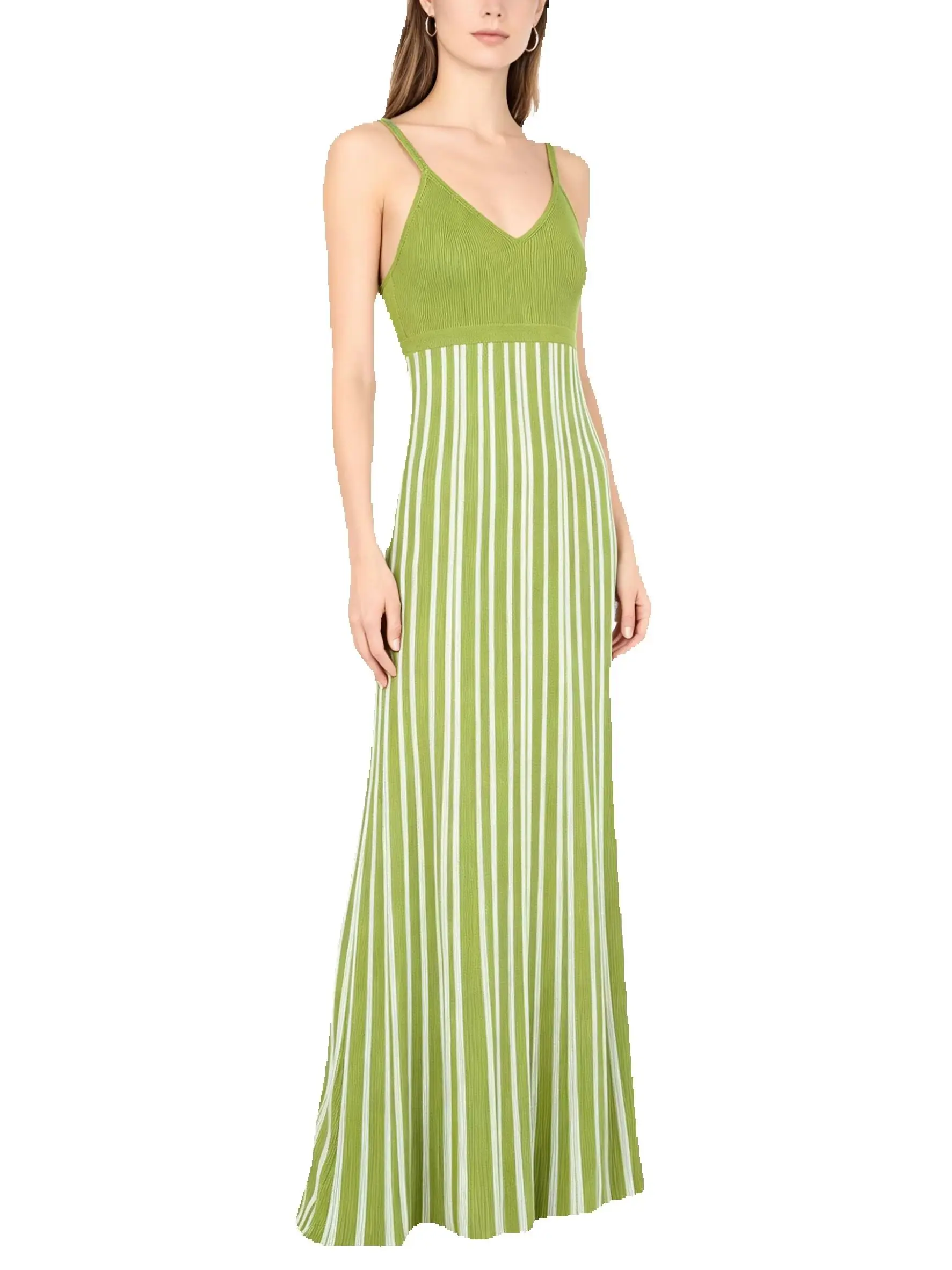 

26150 Elegant A Line Maxi Dress Summer Black V Neck Sleeveless Vertical Striped Knit For Women Daily Party Dress