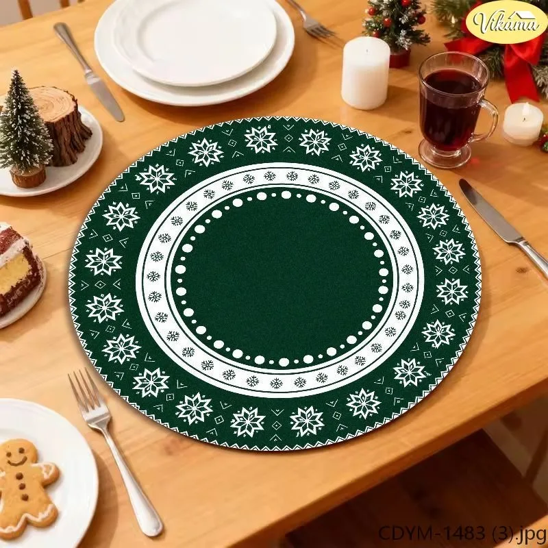 VIKAMA Washable Round Christmas Placemat, Dark Green Big White Blue Snowflake, Holiday Winter Kitchen Dining Decor