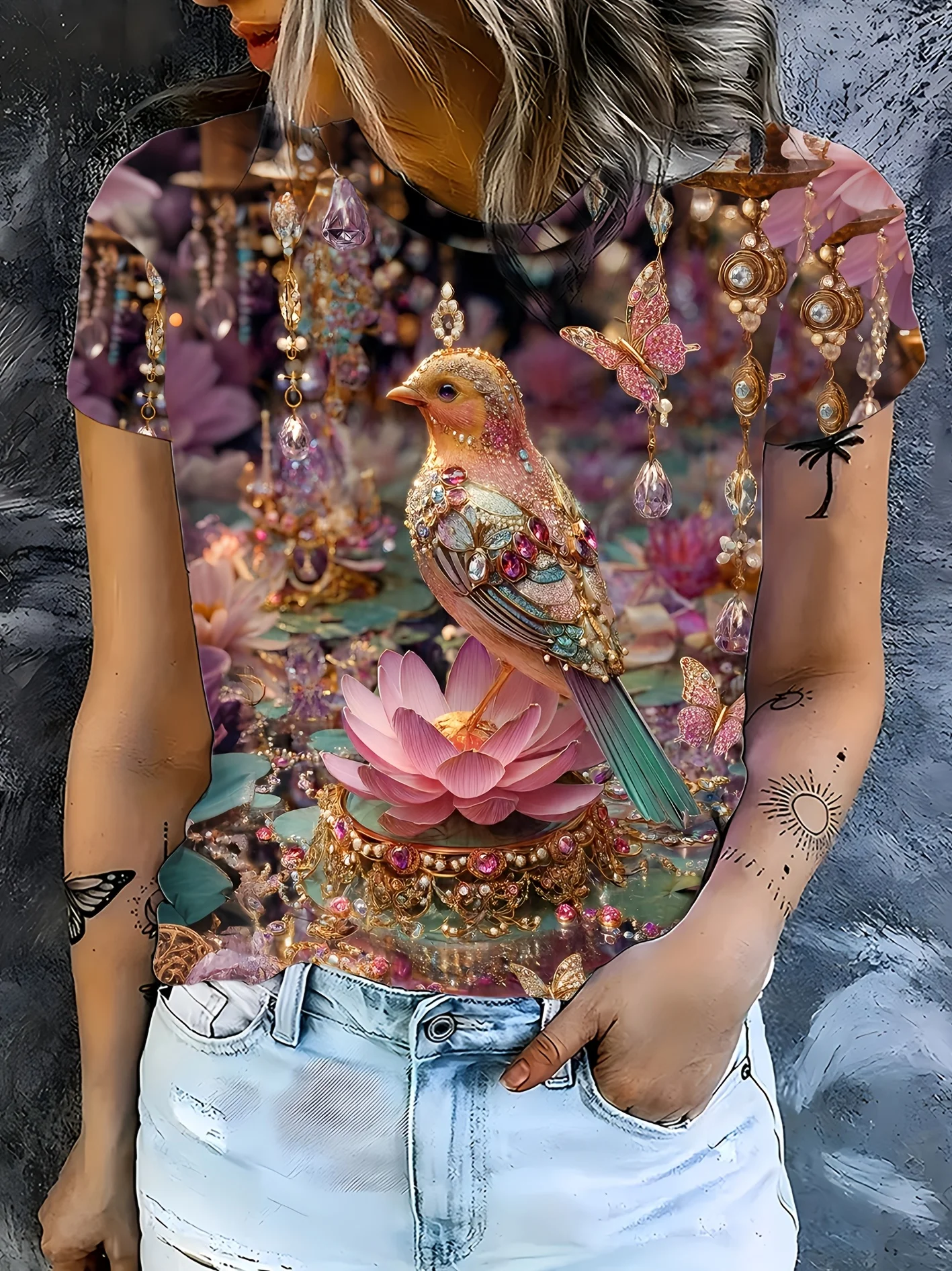 Women T‑shirt Short Sleeve Jeweled Bird Lotus Ornate Floral Art Graphic Print O‑neck Casual Daily Summer Fashion Tee Top